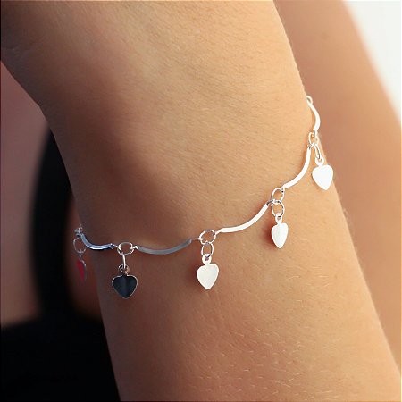 Pulseira Coração Elos Curvados Banhado Prata