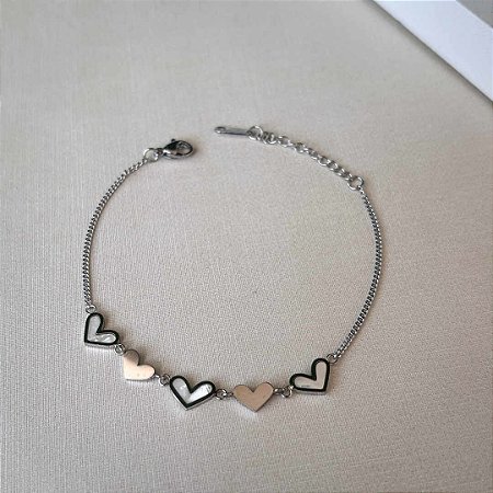 Pulseira Bipartida Corações Aço Inox
