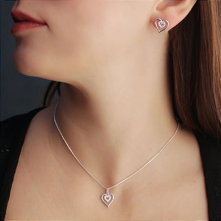 conjunto Coração duplo Cravejado Banhado Prata
