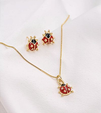 Conjunto Infantil Colar + Brinco Joaninha Dourada