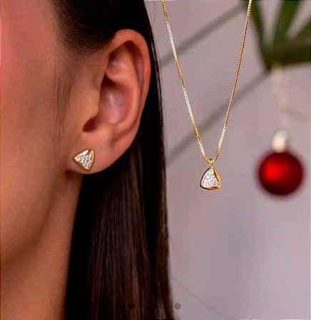 Conjunto Triângulo Zircônia Brinco+Cordão