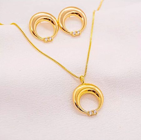 Conjunto Redondo Vazado Dourado Brinco+Cordão