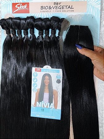 Cabelo Liso em fibra com top closure Preto Modelo Nivia para entrelaçamento ou confecção de peruca