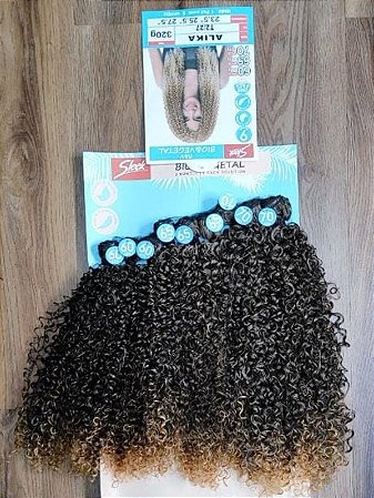 Cabelo cacheado Alika Fibra Bio Vegetal Sleek telado p/ entrelace ou confecção de peruca cor ombre loiro escuro T2/27