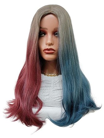 Peruca super luxo três cores cinza rosa e azul para cosplay arlequina sem franja compor personagens it girl modelo lisa