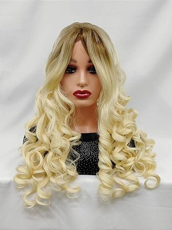 Peruca longa cacheada com franja ombre castanho com fios loiro