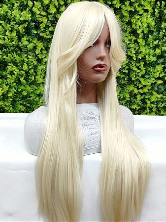 Peruca lisa com franja cor loira platinada
