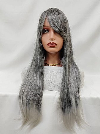 Peruca longa lisa com franja fios grisalhos