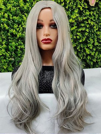 Peruca ondulada sem franja cinza clara para personagens cosplay, filmes e séries