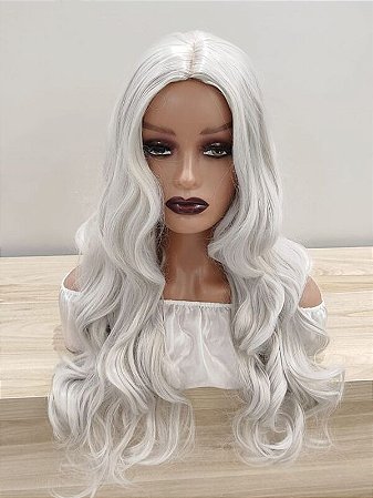 Peruca ondulada sem franja cinza clara para personagens cosplay, filmes e séries