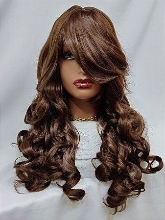 Peruca longa cacheada com franja e fios castanhos