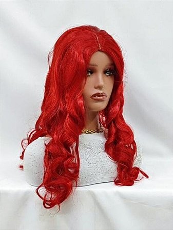 Peruca para cosplay de princesa repartição fixa e pontas cacheadas cor vermelha