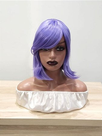Peruca Sintética curta cor lavanda lilás com franja para cosplay