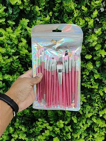 kit com 20 pinceis de maquiagem para o rosto sombras e cilios cabo rosa