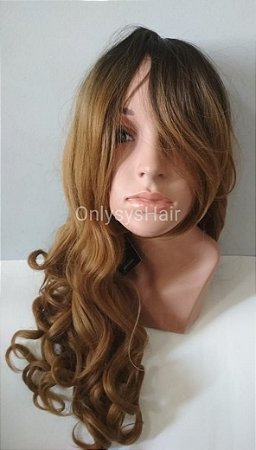 Peruca fios sintéticos cacheada C/ Franja cor caramelo aceita temperatura