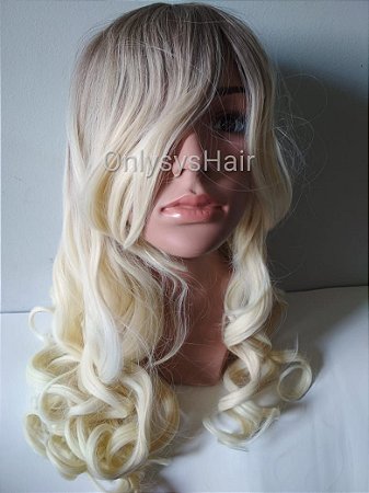 Peruca sintética cacheada C/ Franja cor Ombre Hair castanha c/ loira platinada - aceita temperatura até 180º