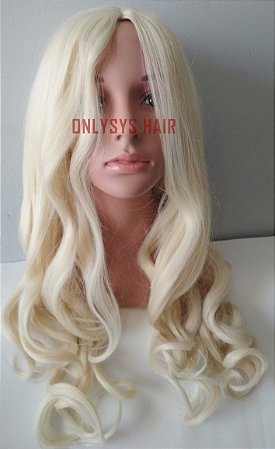 Peruca longa cacheada C/ Repartição Fixano meio cor Loira Platinada