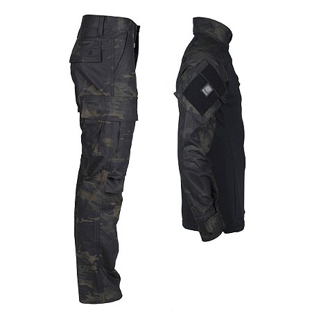 Farda Tática Bélica - Calça e Combat Shirt Camuflada Multicam Black