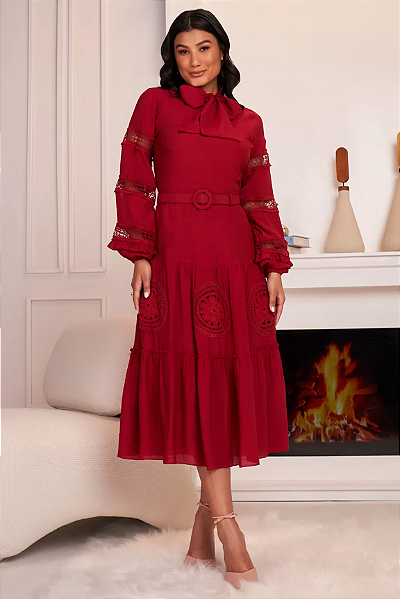 Vestido Vermelho Fascinius Vestido Gode Viscose Vestido Marsala