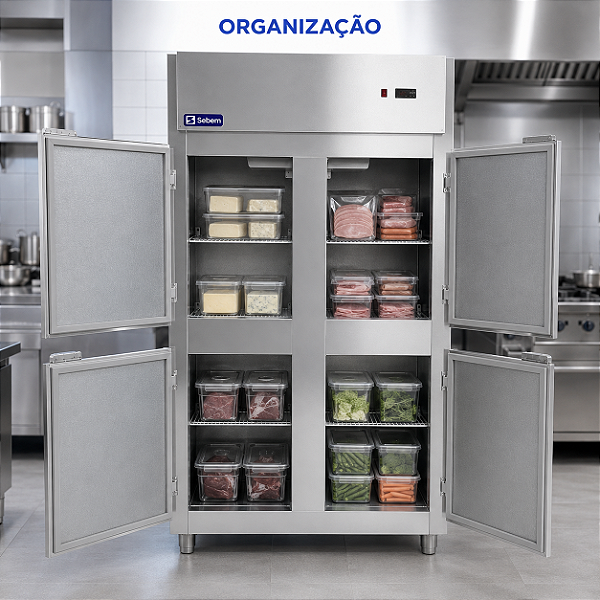 Organização interna da mini câmara fria Sebem com cubas gastronorm