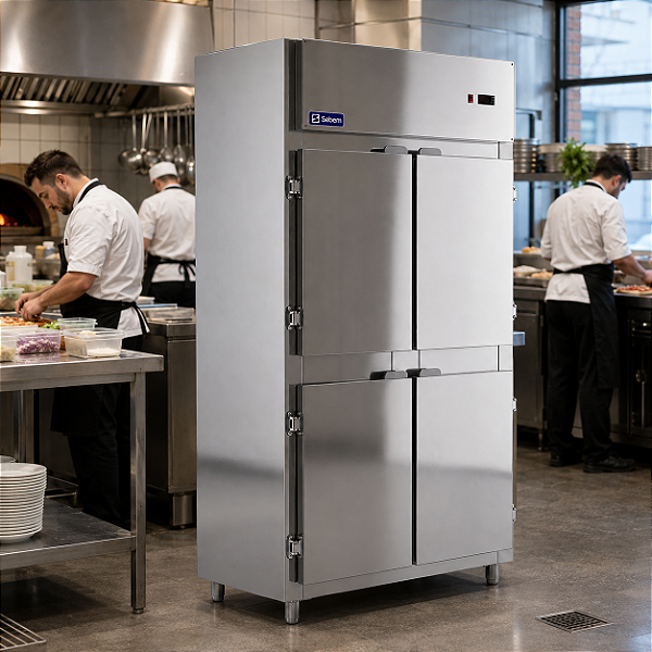 Mini câmara fria Sebem em uso numa cozinha profissional