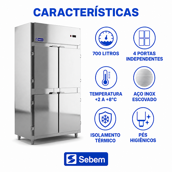 Características da geladeira 4 portas Sebem: 700L, inox, isolamento, pés