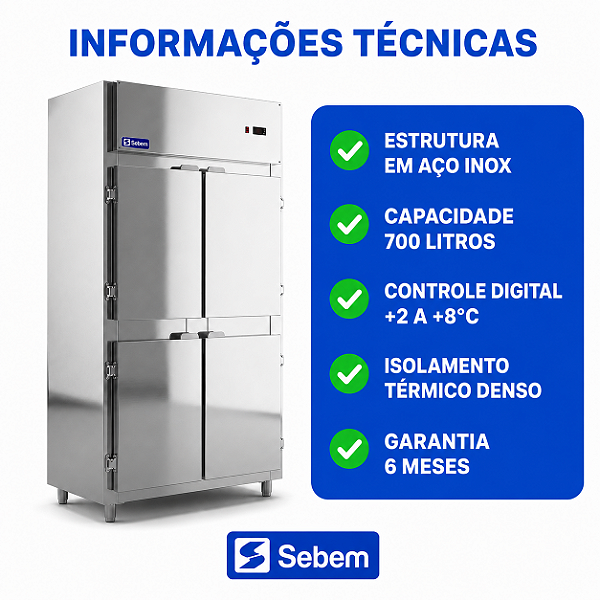 Informações técnicas: inox, 700L, controle digital, isolamento, garantia