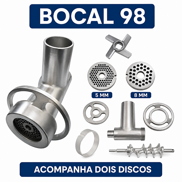 Bocal 98 do moedor Sebem acompanha dois discos (5 mm e 8 mm), faca, sem-fim e soquete