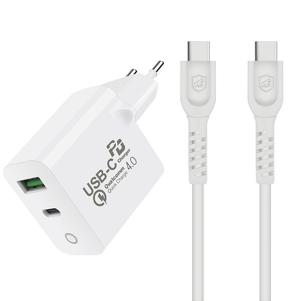 Kit Carregador Turbo Delivery 4.0 - Fonte USB C / Type C / Tipo C + Cabo Tipo C / Type C - Gshield