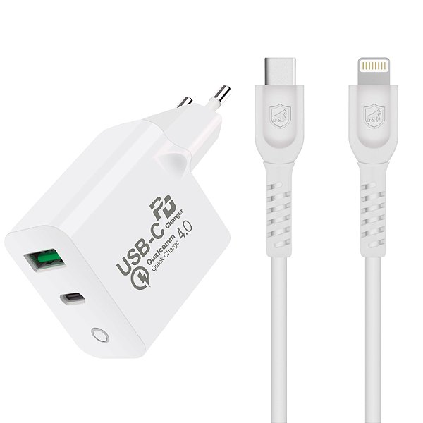 Kit Carregador Turbo Delivery 4.0 Fonte USB / Type C / Tipo C + Cabo Lightning / Tipo C (iPhone / iPad) - Gshield