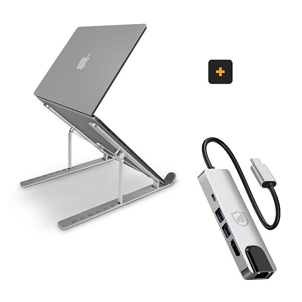 Suporte para Notebook Armor Slim + Adaptador de Rede RJ45 - Hub 5 em 1 Internet / HDMI para Tipo C - Gshield