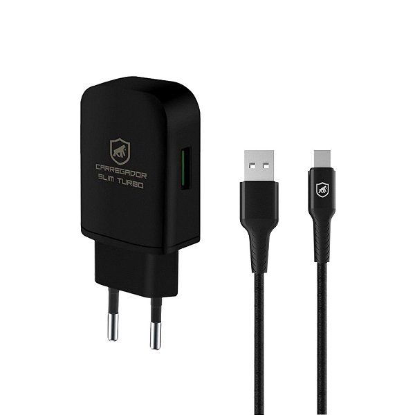 Kit Carregador de Parede Turbo Slim + Cabo Nylon Kevlar Preto Tipo C / Usb 1,5m - Gshield