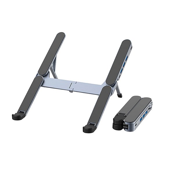 Suporte Dobrável para Notebook com 3 Entradas USB 3.0 e Tipo C - 6 Níveis de Altura, Alumínio Premium, Leve e Portátil - Titanium - Gshield