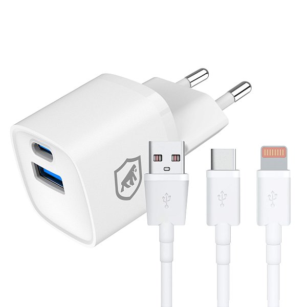 Kit Carregador Turbo Gan Ultra Slim Tipo C + USB-A 20W + Cabo Dinamic - Branco - Gshield