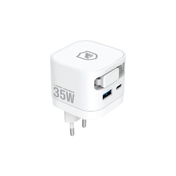 Carregador de Parede Turbo 35W com Cabo Retrátil Tipo C + 1 Entrada USB-A + 1 Entrada USB-C - Raptor - Gshield