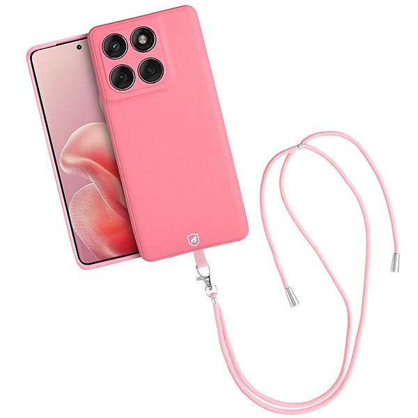 Kit Capa Silicon Veloz para  Motorola Moto Edge 60 +  Cordão Phone Strap Flex - Rosa - Gshield