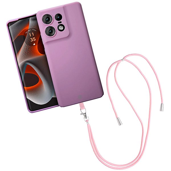 Kit Capa Silicon Veloz para  Motorola Moto Edge 50 Pro +  Cordão Phone Strap Flex - Rosa - Gshield