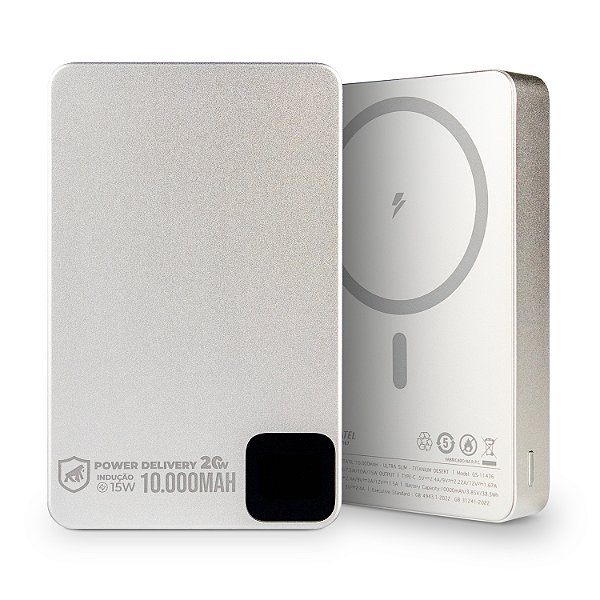 Carregador Portátil MagSafe - 10.000mAh - Wireless 15W, USB-C PD, Ultrafino e Magnético para iPhone e Android - Titanium - Gshield