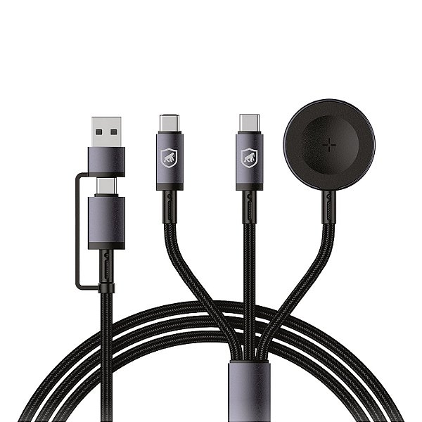 Cabo Carregador 3 em 2 Multifuncional 65W USB-C/Tipo-C + USB-A 1.2M Base Sem Fio 2,5W para Apple Watch e Galaxy Watch - Hydra - Gshield