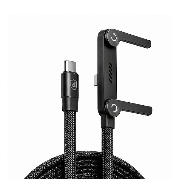 Cabo Trançado Preto 1M Tipo-C / Tipo-C 2 em 1 com Suporte de Metal Integrado, Conector Lateral e Carregamento até 240W - ArmorStand - Gshield