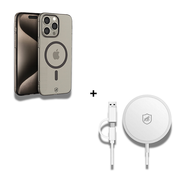 Kit Carregador Wireless Magsafe 15W + Capa Crystal Slim Magsafe Titanium para iPhone 15 Pro Max - Gshield
