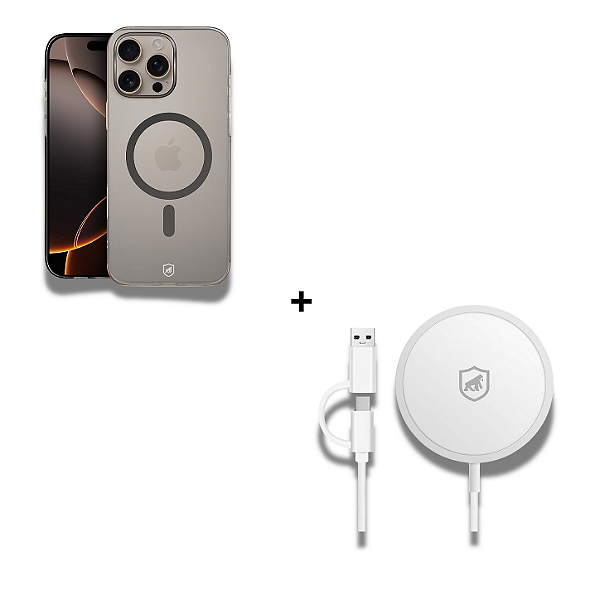 Kit Carregador Wireless Magsafe 15W + Capa Crystal Slim Magsafe Titanium para iPhone 16 Pro - Gshield