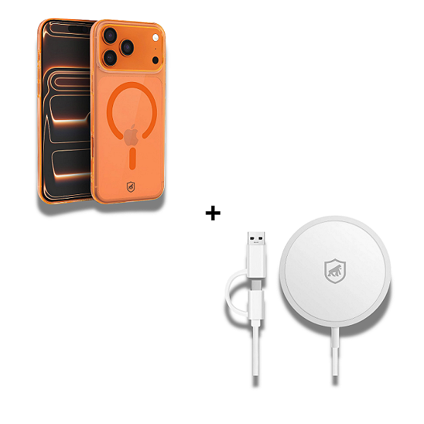 Kit Carregador Wireless Magsafe 15W + Capa Crystal Slim Magsafe Laranja para iPhone 17 Pro Max - Gshield