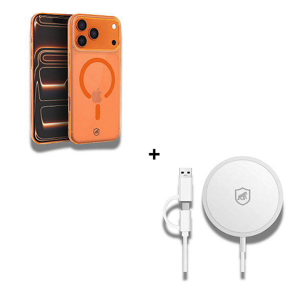 Kit Carregador Wireless Magsafe 15W + Capa Crystal Slim Magsafe Laranja para iPhone 17 Pro - Gshield