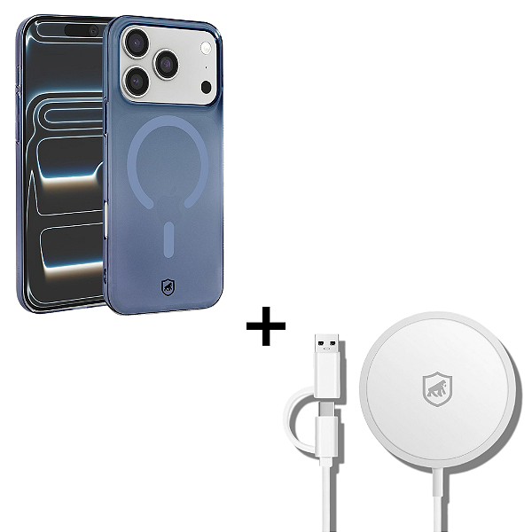 Kit Capa Crystal Slim Azul para iPhone 17 Pro + Carregador Wireless MagSafe - Gshield