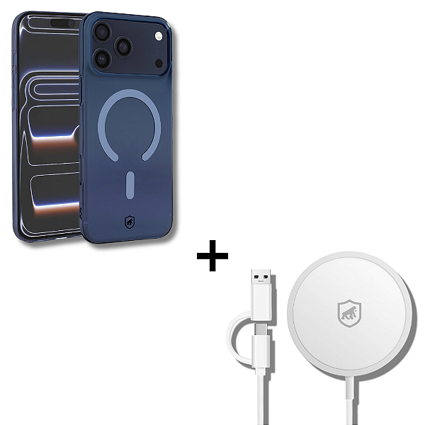 Kit Capa Crystal Slim Azul para iPhone 17 Pro Max + Carregador Wireless MagSafe - Gshield