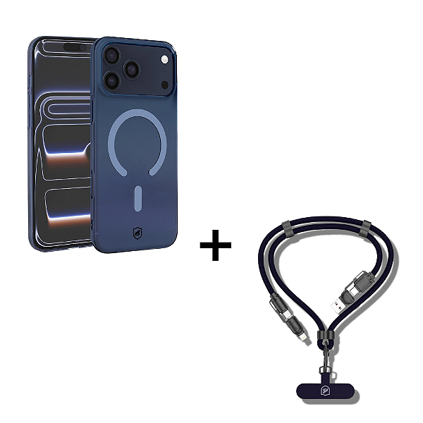 Kit Capa Crystal Slim Azul iPhone 17 Pro Max + Cordão de Pescoço com Cabo USB-A / Tipo C / Lightning - Gshield