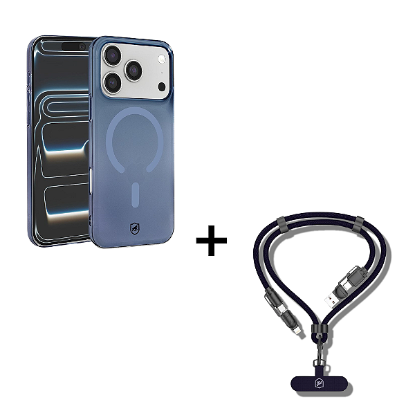 Kit Capa Crystal Slim Azul para iPhone 17 Pro + Cordão de Pescoço com Cabo USB-A / Tipo C / Lightning - Gshield