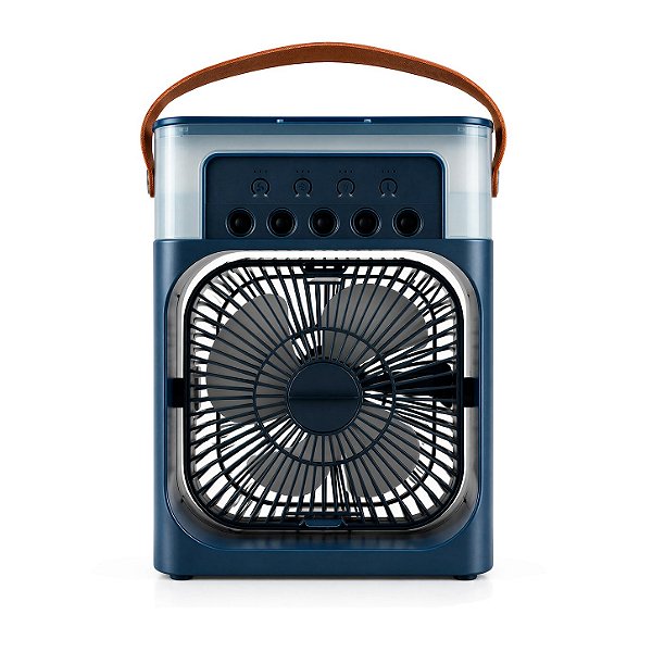 Mini Ventilador Climatizador Portátil 5V, Corrente de Saída 2A com Resfriamento por Névoa 10W, LED Colorido, USB Tipo-C e Reservatório de Água - Azul