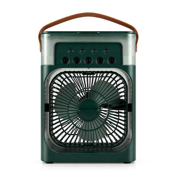 Mini Ventilador Climatizador Portátil 5V, Corrente de Saída 2A com Resfriamento por Névoa 10W, LED Colorido, USB Tipo-C e Reservatório de Água - Verde